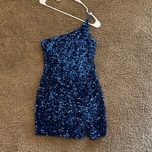 Blue Sequin One-Shoulder Dress